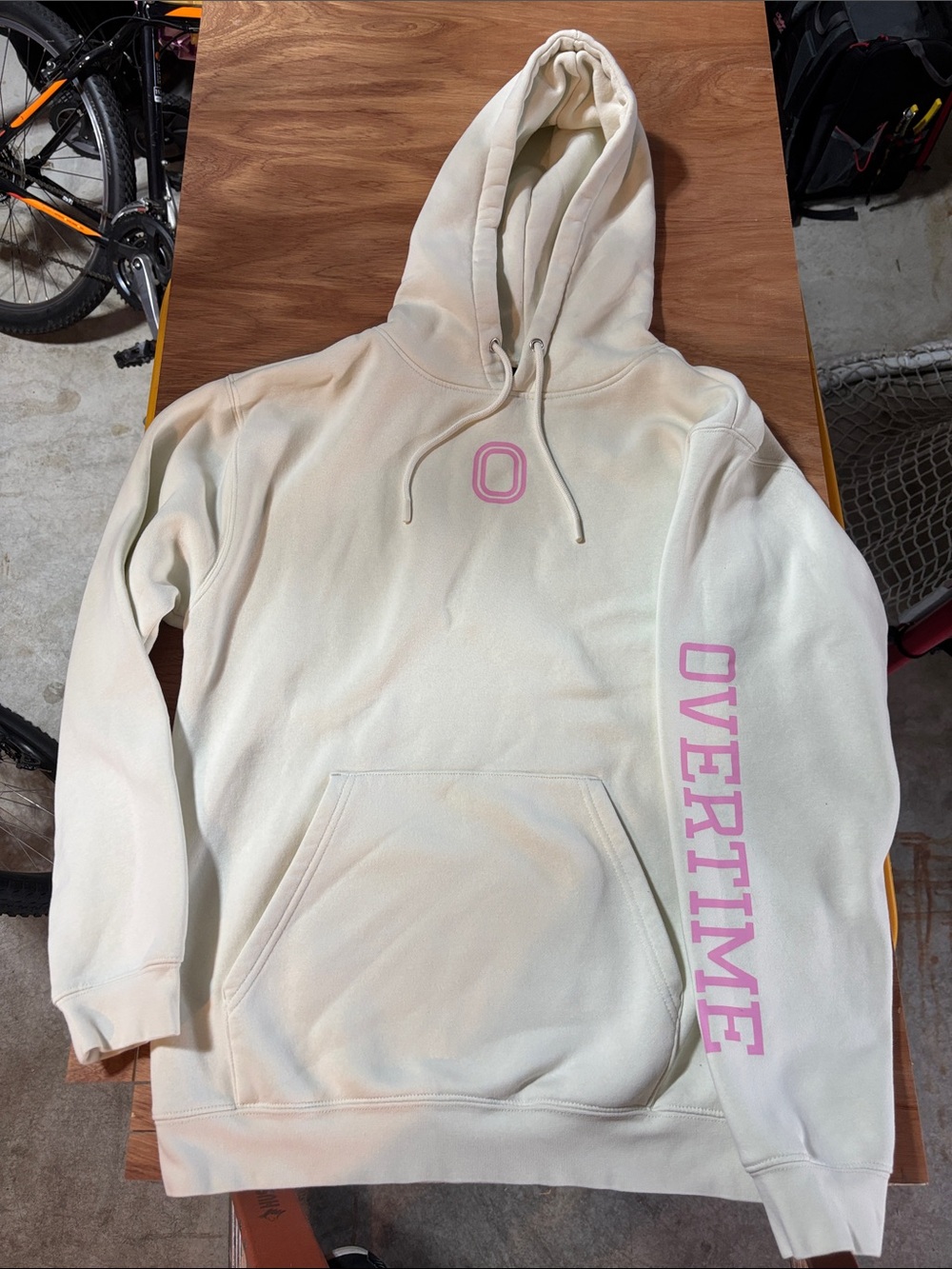 OVERTIME Cream Pullover Hoodie with Pink Logo